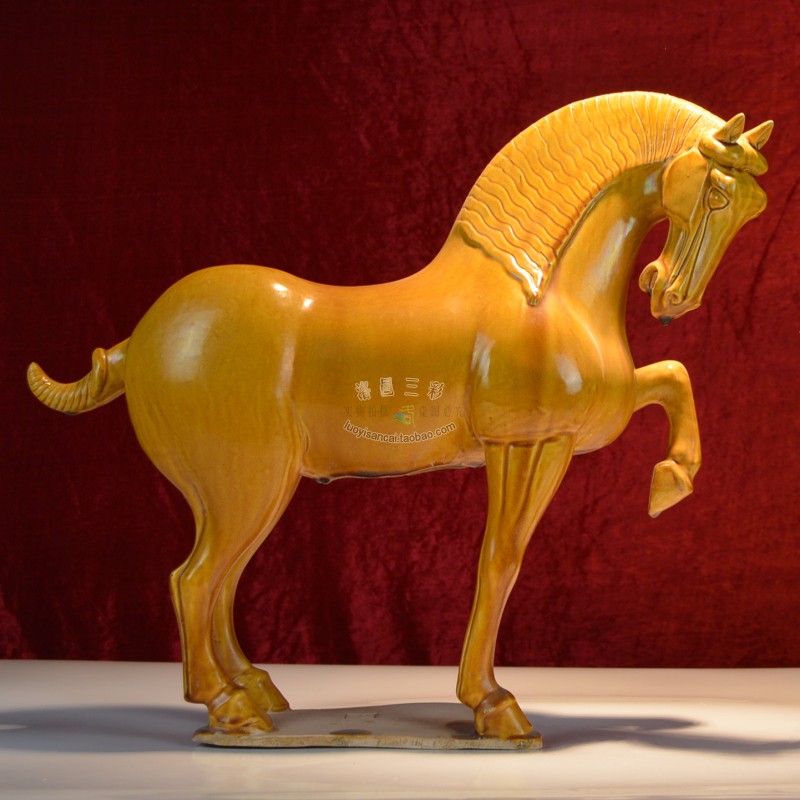 仿古唐三彩黄骠马 张二孬大师陶瓷马艺术品 纯手工玻璃釉收藏摆件